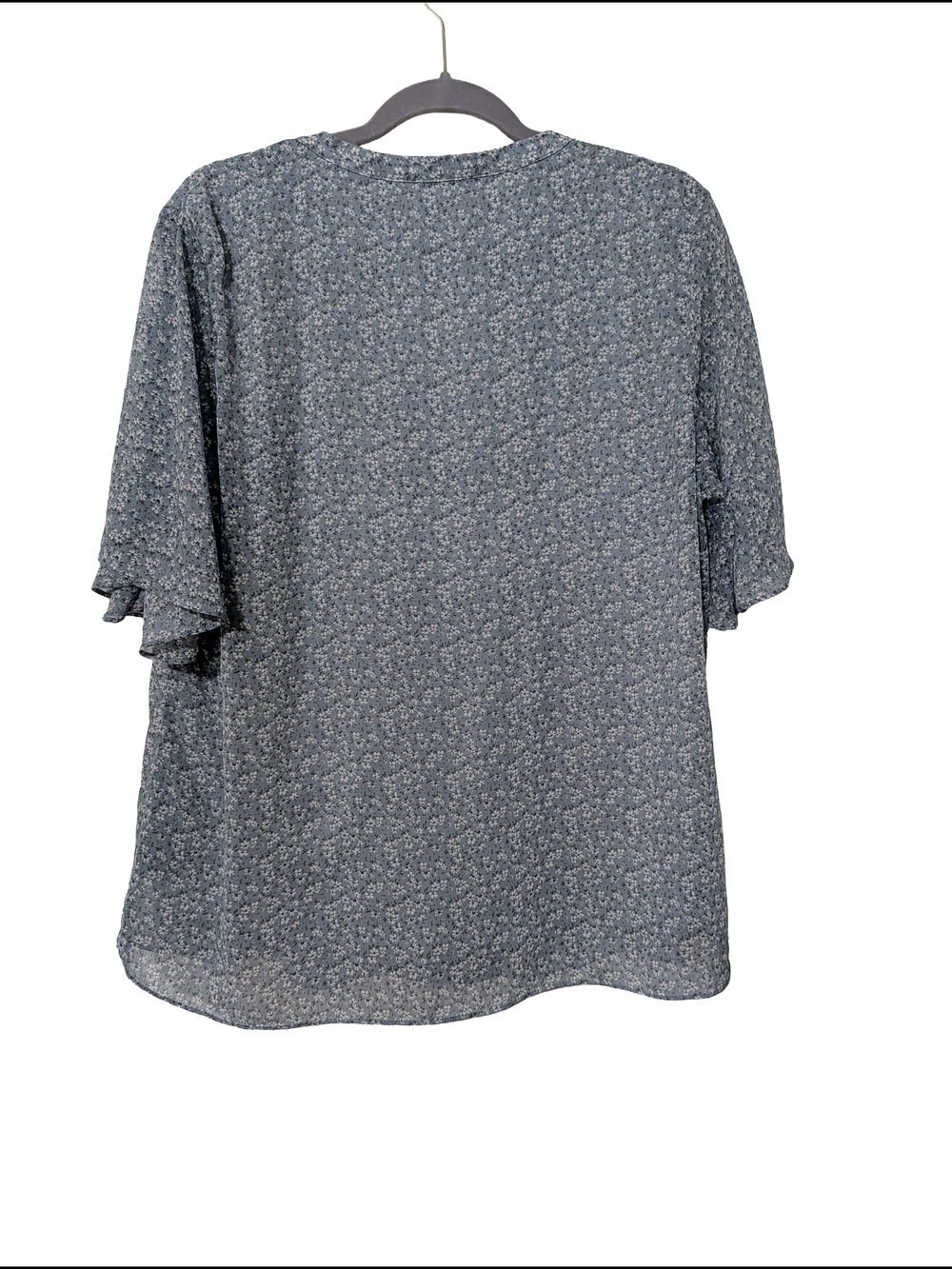 Blue Floral Ruffle V-Neck Blouse Womens - Picture 3 of 6